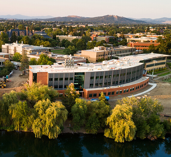An aerial photo of College Hall and St. Alyoysius Church.