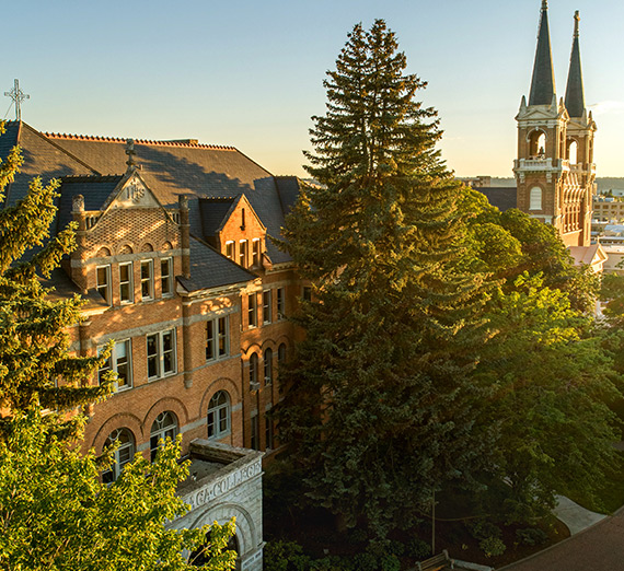 An aerial photo of College Hall and St. Alyoysius Church.
